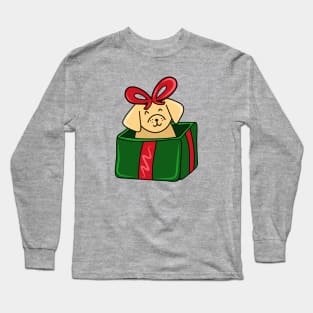 Cute Christmas Holiday Dog in a Red and Green Giftbox Present, made by EndlessEmporium Long Sleeve T-Shirt